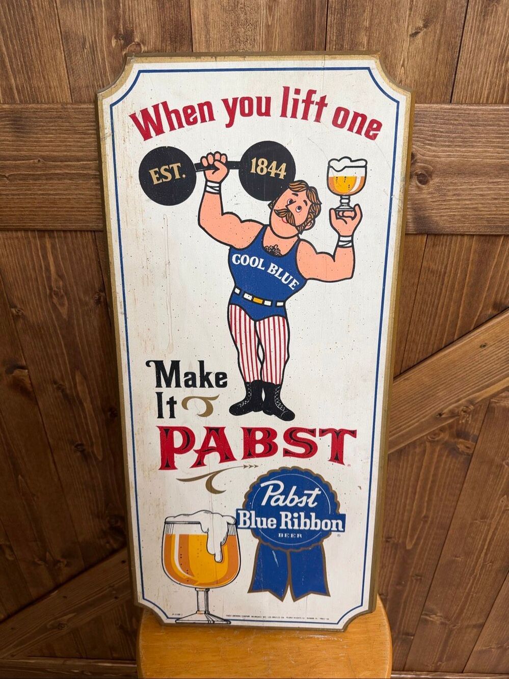 VTG Pabst Blue Ribbon Beer Wood Sign “Make It Pabst” Weightlifter Bar Decor (916